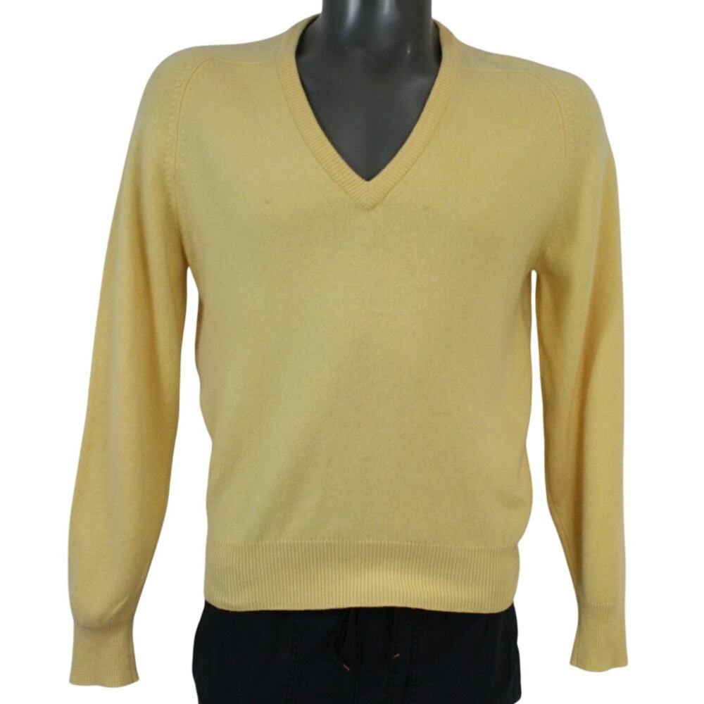 Alan Paine 100% Cashmere V Neck Sweater Mens M Yellow Made England Vintage
